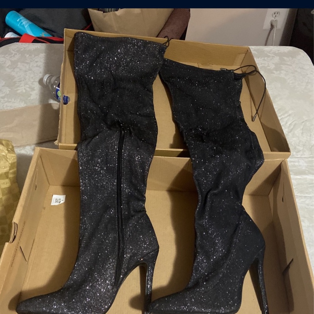 Black thigh high sparkly heel boots